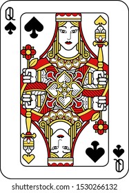 A playing card Queen of Spades in red, yellow and black from a new modern original complete full deck design. Standard poker size