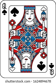 A playing card Queen of Spades in red, blue and black from a new modern original complete full deck design. Standard poker size.