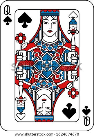 A playing card Queen of Spades in red, blue and black from a new modern original complete full deck design. Standard poker size.