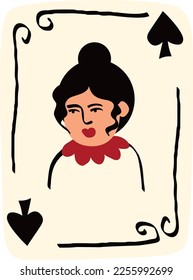 Jugando carta con la Reina de las Espadas. Ilustración del Día de San Valentín en estilo moderno groovy doodle