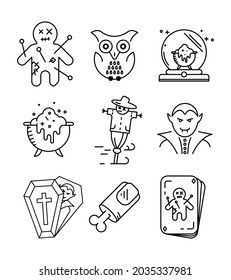 Playing card with rag doll, vampire in coffin, cut finger, magic orb, owl and witch's cauldron icons. Set for Halloween concept. Linear icons set.