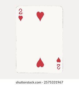 Playing card with red hearts. The 2 of hearts card, featuring red hearts, is a classic playing card. Simple design with hearts on a playing card. Vintage poker cards illustration isolated, vector.