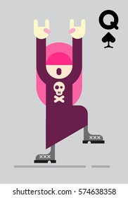 Playing card with rocker girl. Dancing teenage girl with long pink hair and raised hands isolated on a grey background. Vector illustration.