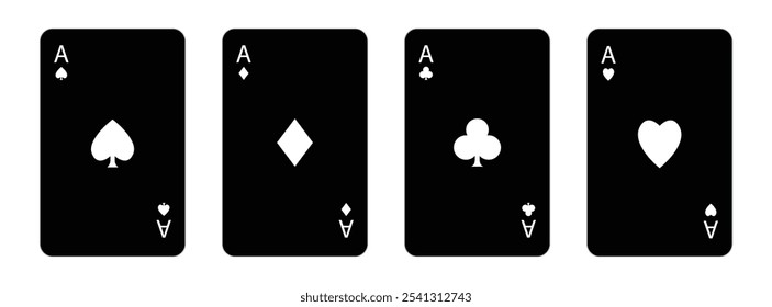 Spielkartenset. Black Poker Karten Anzüge. Symbol für vier Asse. Herzen, Diamanten, Pik, Kreuz-Ass. Poker-Hand gewinnen. Las Vegas Casino Spielkonzept. Einfaches flaches Design. Weißer Hintergrund. Vektorgrafik