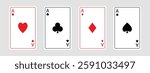 Playing card set. Four aces icon. Poker cards suits. Hearts, diamonds, clubs, spades ace. Winning poker hand. Las Vegas Casino gambling concept. Simple flat design. Isolated. White background. Vector