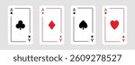 Playing card set. Four aces icon. Poker cards suits. Hearts, clubs, diamonds, spades ace line. Winning poker hand. Las Vegas Casino gambling concept. Flat design. White background. Isolated. Vector
