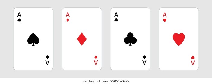 Playing card set. Four aces icon. Poker cards suits. Hearts, clubs, diamonds, spades ace. Winning poker hand. Las Vegas Casino gambling concept. Simple flat design. White background. Isolated. Vector