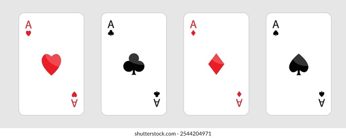 Spielkartenset. Symbol für vier Asse. Poker-Karten-Anzüge. Herzen, Diamanten, Pik, Kreuz-Ass. Poker-Hand gewinnen. Las Vegas Casino Spielkonzept. Einfaches flaches Design. Weißer Hintergrund. Einzeln. Vektorgrafik