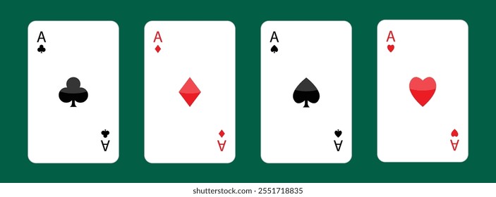 Spielkartenset. Symbol für vier Asse. Poker-Karten-Anzüge. Herzen, Kreuze, Diamanten, Pik-Ass. Poker-Hand gewinnen. Las Vegas Casino Spielkonzept. Einfaches flaches Design. Grüner Tischhintergrund. Vektorgrafik