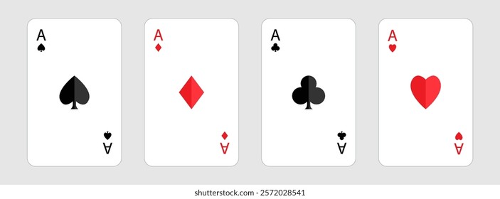 Playing card set. Four aces icon. Poker cards suits. Hearts, clubs, diamonds, spades ace shadow. Winning poker hand. Las Vegas Casino gambling concept. Flat design. White background. Isolated. Vector