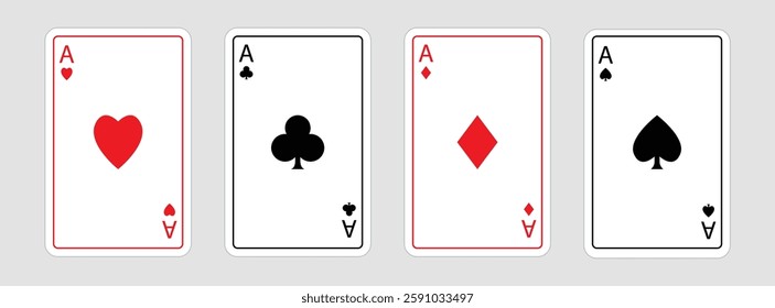 Playing card set. Four aces icon. Poker cards suits. Hearts, diamonds, clubs, spades ace. Winning poker hand. Las Vegas Casino gambling concept. Simple flat design. Isolated. White background. Vector