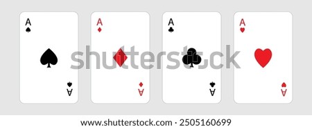 Playing card set. Four aces icon. Poker cards suits. Hearts, clubs, diamonds, spades ace. Winning poker hand. Las Vegas Casino gambling concept. Simple flat design. White background. Isolated. Vector