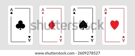 Playing card set. Four aces icon. Poker cards suits. Hearts, clubs, diamonds, spades ace line. Winning poker hand. Las Vegas Casino gambling concept. Flat design. White background. Isolated. Vector