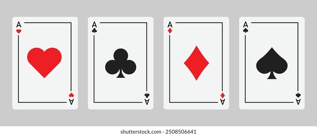 Playing card set, Four playing card suits icon set. Poker cards suits. Hearts, clubs, diamonds, spades ace. Winning poker hand. Casino gambling concept. Isolated on transparent background.