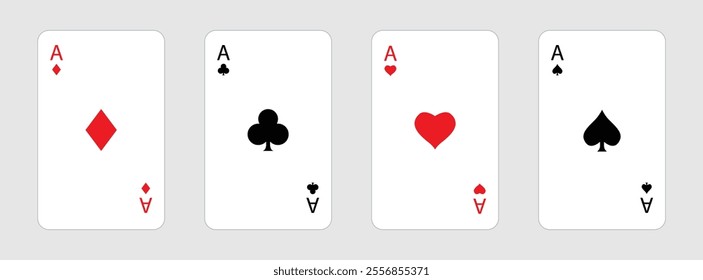 Playing card set. Poker cards suits. Four aces icon. Hearts, clubs, diamonds, spades ace. Winning poker hand. Las Vegas Casino gambling concept. Simple flat design. Isolated. White background. Vector