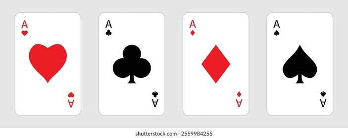 Playing card set. Poker cards suits. Four aces icon. Hearts, clubs, diamonds, spades ace. Big sign. Winning poker hand. Las Vegas Casino gambling concept. Flat design. Isolated White background Vector