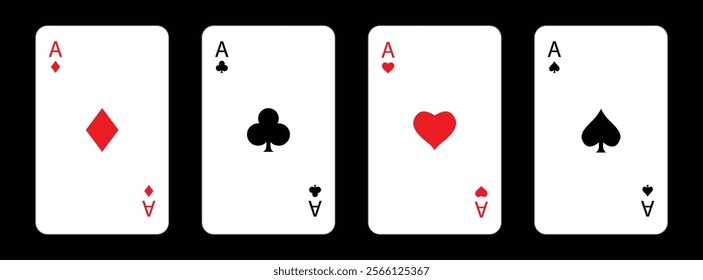 Playing card set. Poker cards suits. Four aces icon. Diamonds, hearts, clubs, spades ace. Winning poker hand. Las Vegas Casino gambling concept. Simple flat design. Isolated. Black background. Vector