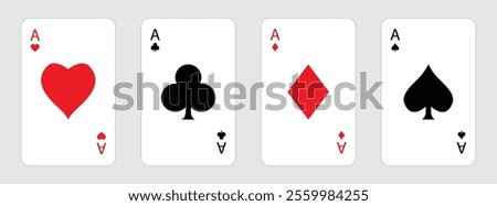 Playing card set. Poker cards suits. Four aces icon. Hearts, clubs, diamonds, spades ace. Big sign. Winning poker hand. Las Vegas Casino gambling concept. Flat design. Isolated White background Vector
