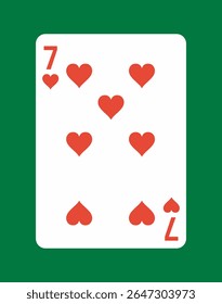 Playing card showing the seven of hearts with red heart symbols in a minimalist flat style on a green background. Concept of gambling, games, or poker. Vector illustration