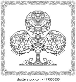 Playing card signs with decorative fame in vintage style. Vector illustration. Coloring book for adult and older children. Outline drawing coloring page.