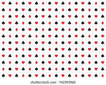 Playing card signs seamless pattern, casino background with dashedlines, hearts, clubs, diamonds and spades, vector icons and symbols