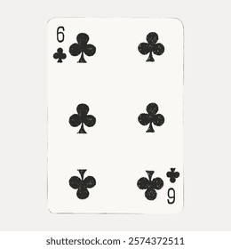 Playing card with six clubs, featuring black club symbols. Six clubs on a card, showcasing a classic design. Clubs and six, a timeless card game element. Vintage poker cards illustration, vector.