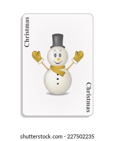 Playing card with smiling snowman and christmas