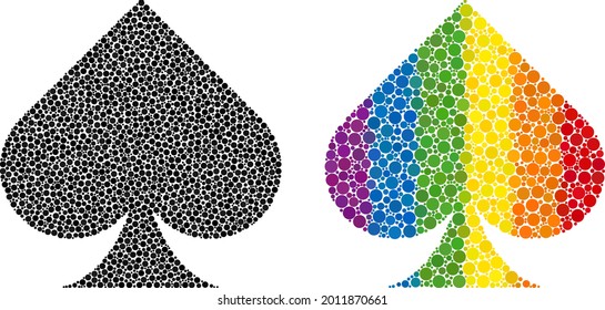 Playing card spade suit collage icon of circle spots in various sizes and rainbow colored color tints. A dotted LGBT-colored playing card spade suit for lesbians, gays, bisexuals, and transgenders.