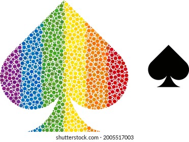 Playing card spade suit mosaic icon of filled circles in various sizes and rainbow colored color hues. A dotted LGBT-colored playing card spade suit for lesbians, gays, bisexuals, and transgenders.