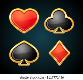 Playing card suit with gold border. Casino icons. Poker symbols