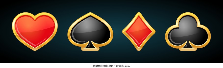 Playing Card Suit With Gold Border On Dark Background. Casino Icons. Poker Symbols