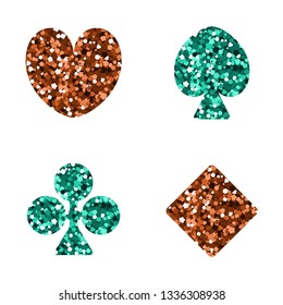 Playing card suit icon. Red and blue sequin. Hearts, Tiles Diamonds , Clovers Clubs , Pikes Spades . Vector illustration.