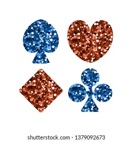 Playing card suit icon. Red and blue spangle. Hearts, Tiles Diamonds , Clovers Clubs , Pikes Spades . Vector illustration.