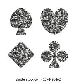 Playing card suit icon. Silver sequin. Hearts, Tiles Diamonds , Clovers Clubs , Pikes Spades . Vector illustration