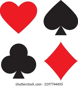 Playing card suit icons. Heart diamond club spade shapes. Gamble game cards. Vector graphic