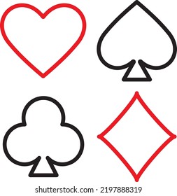 Playing card suit icons. Heart diamond club spade shapes. Gamble game cards. Vector graphic