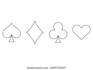 Playing card suit outline symbol set - four shapes of Hearts, Spades, Clubs and Diamonds symbols, vector illustration isolated on white background