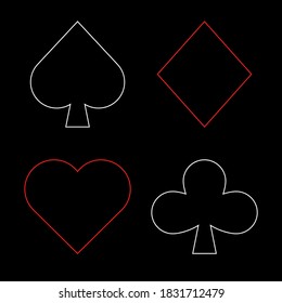 Playing card suit set. Hearts, Spades, Diamonds, Clubs. Minimalistic geometric design. Vector outline illustration.