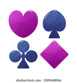 Playing card suit symbol. Pink Hearts and Tiles Diamonds , blue Clovers Clubs and Pikes Spades . Vector illustration.