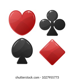 Playing card suit symbol. Red Hearts and Tiles Diamonds , black Clovers Clubs and Pikes Spades . Vector illustration.