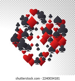 Playing card suit symbols icons. Round pattern with falling red, black suits for playing cards on transparent background. Vector illustration for casino, game design, advertising, ads of parties