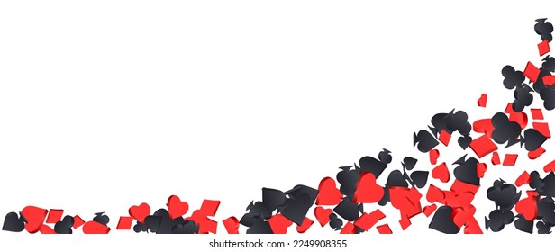 Playing card suit symbols icons. Pattern with falling red, black suits for playing cards on white background. 3d Vector illustration for casino, game design, advertising, ads of parties