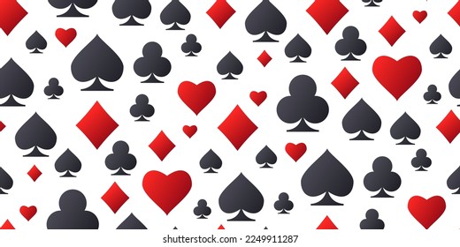 Jugando símbolos de juego de cartas. Patrón sin brillo con trajes rojos caídos, negros para jugar cartas con fondo blanco. Ilustración vectorial para casino, diseño de juegos, publicidad, anuncios de fiestas