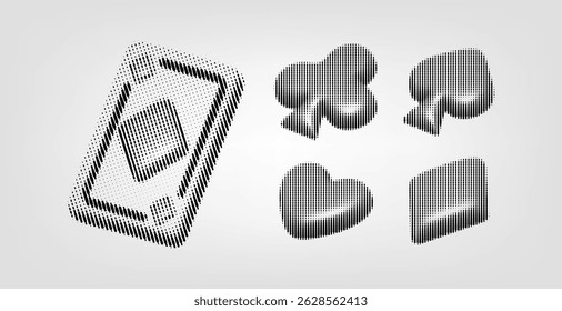 Playing Card and Card Suits in 3D Cartoon Style in y2k style and 90s design. 3D Rendered Card Suits Clubs, Spades, Hearts, and Diamonds in halftone style