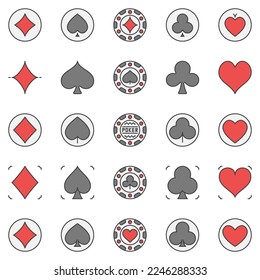 Playing Card Suits colored icons - Diamonds, Spades, Clubs and Hearts creative concept Poker Chips and Casino signs collection