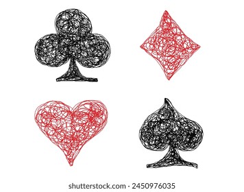 Playing Card Suits drawn in children's style with pencils, kids drawings, one line style