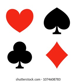 Playing card suits. Game. Casino icons. Heart, diamond, club and spade. Vector illustration isolated on white background.