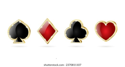 Jugando trajes de cartas en marco dorado. Aislado, decorado con diamantes. Corazones, Diamantes, Clubes, Espadas. Ilustración del vector