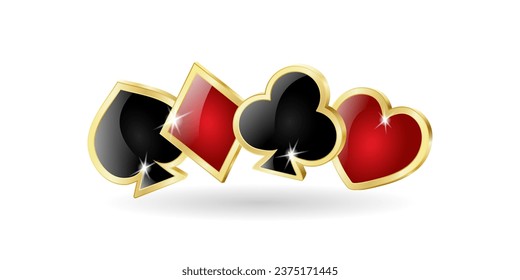 Playing card suits in gold. Isolated. Template for banner. Hearts, Diamonds, Clubs, Spades. Vector illustration