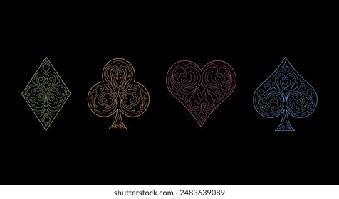 Playing card suits - hearts, spades, diamonds, and clubs - burst onto the scene in vibrant neon colors. Their clean lines and bold hues create an eye-catching design